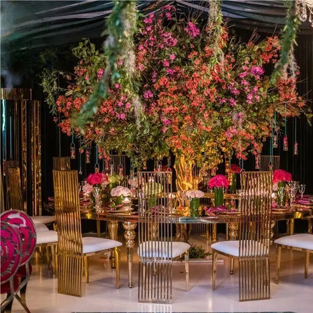 Wedding banquet gold high back unique piano back metal movable chair 2 pieces