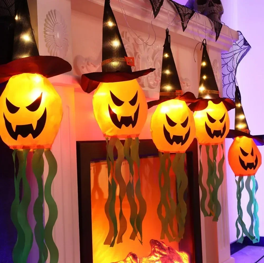 2PCS Flashing LED Pumpkin Lamp Halloween Ghost Hat Glowing Wizard Light for Party Hanging Decor Ghost Festival