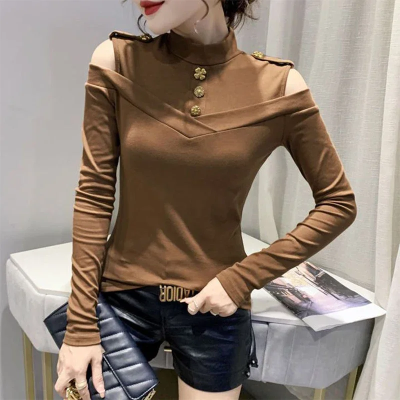

Autumn Half High Collar Off The Shoulder Slim T-shirt Female Long Slee Streetwear Solid Color Pullover Tee Women Sexy Top X890