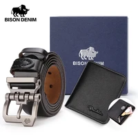 BISON DENIM Men Belt & Wallet Set Genuine Leather with Box Pin Buckle Male Belts Fashion Wallets Gift for Man Boy N71223-4429