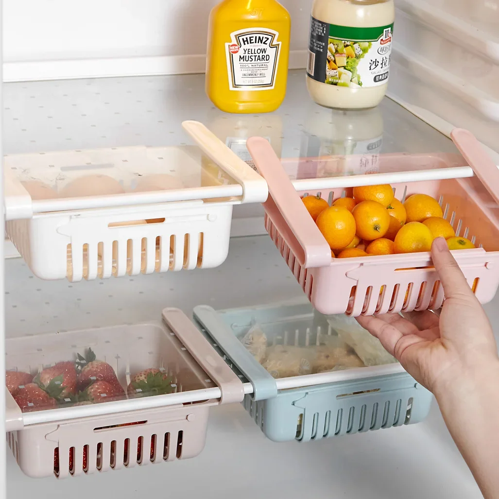 Adjustable Kitchen Fridge Storage Rack Home Organizer Food Container  Refrigerator Drawer Storage Boxes Rack Retractable Shelf