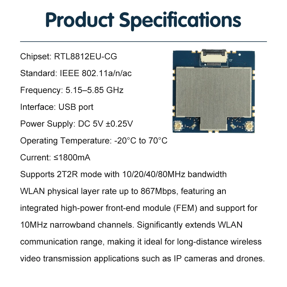 Gros plan sur le chipset du module WiFi 5.8GHz 867Mbps USB pour drone et caméra IP