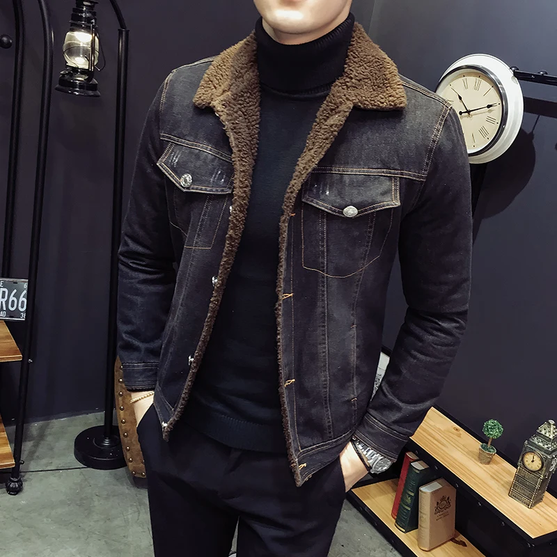 

2021 Autunm And Winter Men's lamb velvet light denim jacket slim jacket Denim Jacket Velvet Jean Coat Mens Casual Denim Outwear