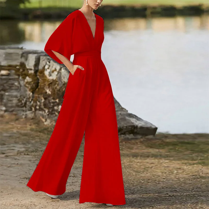 ✨ Elegant V-Neck Pleated Wide-Leg Jumpsuit – Chic, Comfortable & Perfect for Any Occasion 💃💖