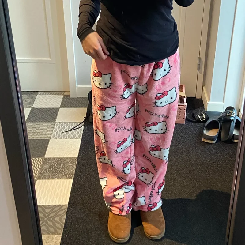 Kawaii Hello Kitty Pajamas Black Anime Flannel Women Warm Woolen Whitecartoon Casual Home Pants Autumn Fashion Trousers Gifts 6