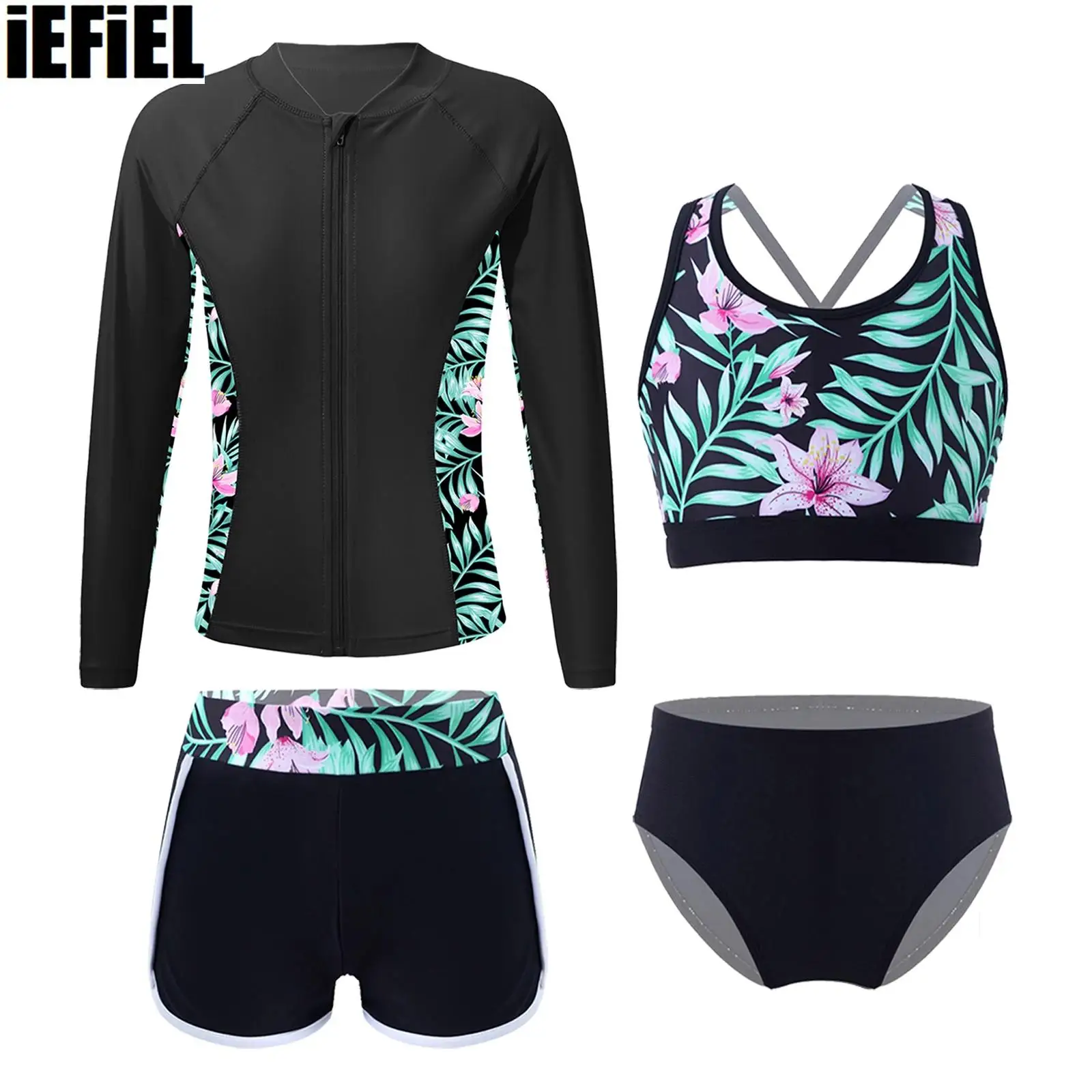 

Kids Girls Printed Swimwear Long Sleeve Outerwear with Sleeveless Crop Top And Briefs Shorts Outfit for Beach Pool Bathing
