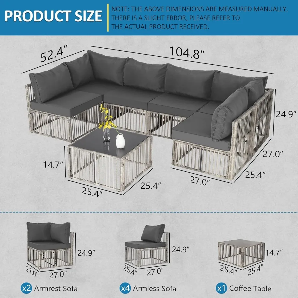 7 Pieces Outdoor Patio Furniture Set, Wicker Outdoor Sectional Conversation Couch Set with Adjustable Backrest Sofa 5
