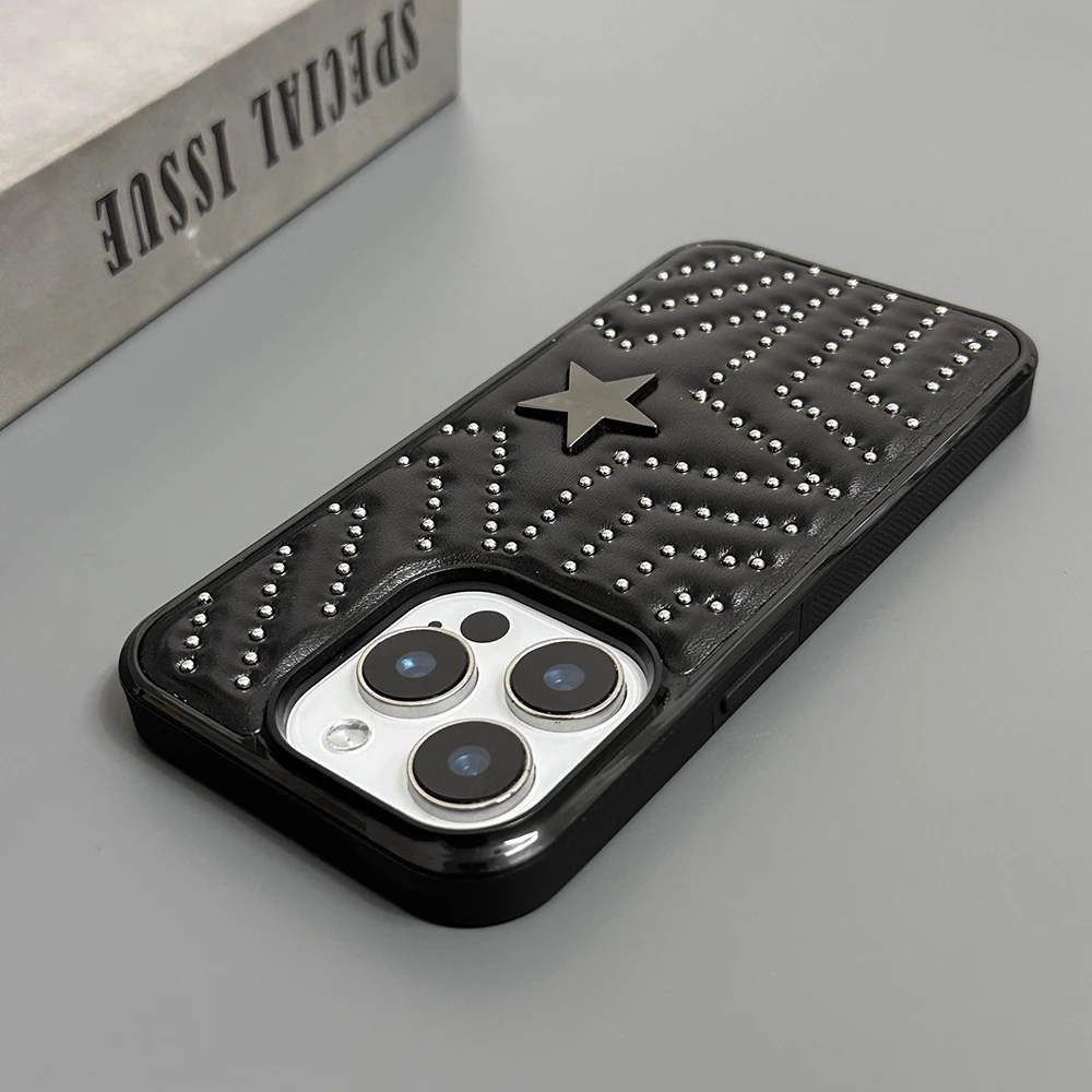 Fashion Silver Rivets Five-pointed Star Leather Shockproof Phone Cover Case for iPhone 17 16 15 14 Pro Max 13 Protective Case