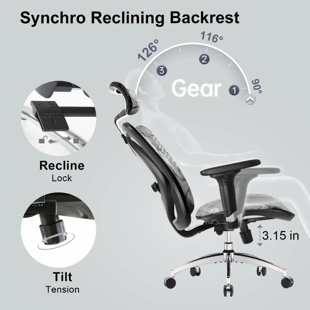 M57 Ergonomic Office Chair with 3 Way Armrests Lumbar Support and Adjustable Headrest High Back Tilt Function Grey 6