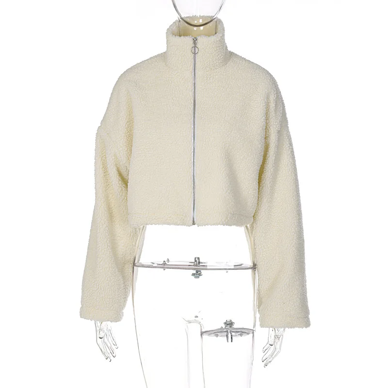 Plush Thermal Furry Loose Zipper Long-sleeved Stand-up Collar Short Jacket Long-sleeved Faux Lamb Streetwear Women Clothing