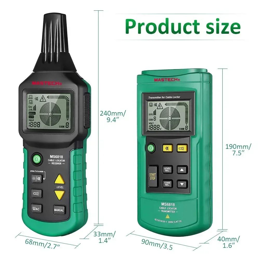 Mastech MS6818 Professional Wire Cable Tracker Metal Pipe Locator Detector Tester Line Tracker Voltage12~400V Receiver Portable