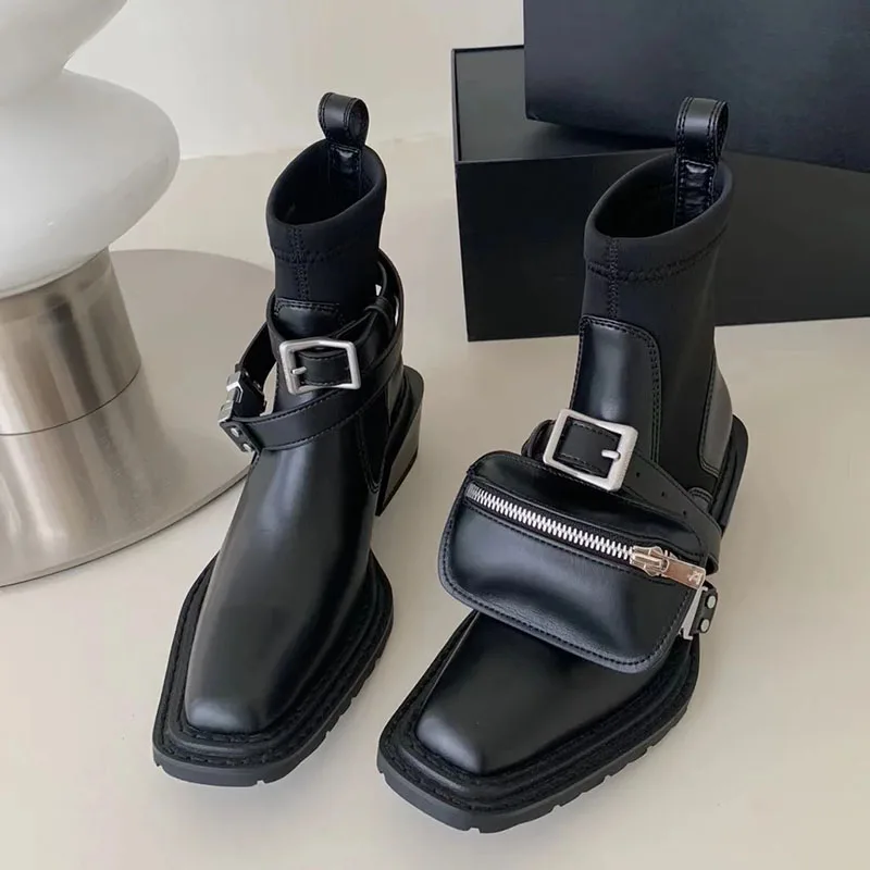 

Small Bag Square Toe Chunky Heel Short Boots British Style Woman Winter 2024 Removable Slip-On Black Ankle Boots Fashion Shoes