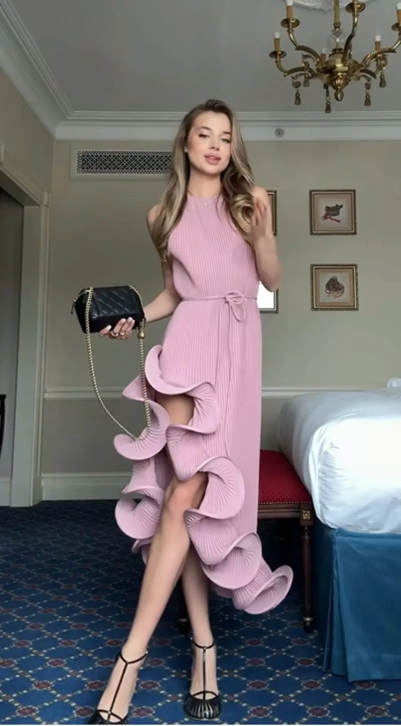 Elegante Abito Midi Sexy con Halter e Lacci, Vestito da Cerimonia con Volant e Spacco, per Feste Serali, Giallo Rosa Blu, Nuova Collezione Estate 2026 - Image 6