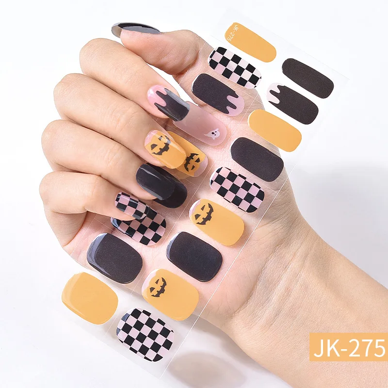 Halloween Design Nail Stickers Wholesale Full Cover Semi-cured UV Gel Nail Art Stickers Gel Nail Strips Press On Nail Decal 2