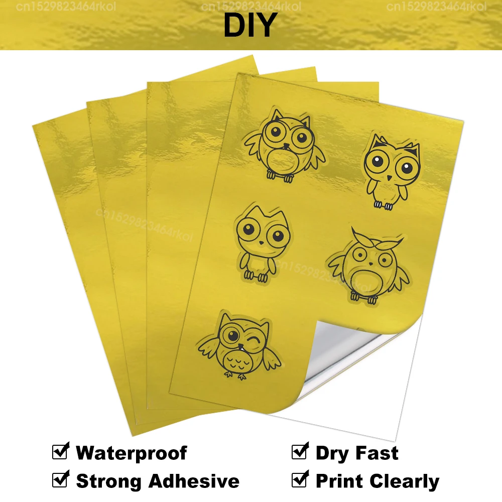 잉크젯 프린터 DIY용 자체 접착 라벨 복사 용지, 금색 인쇄 가능 비닐 스티커 용지, A4 용지, 210x297mm, 10 매