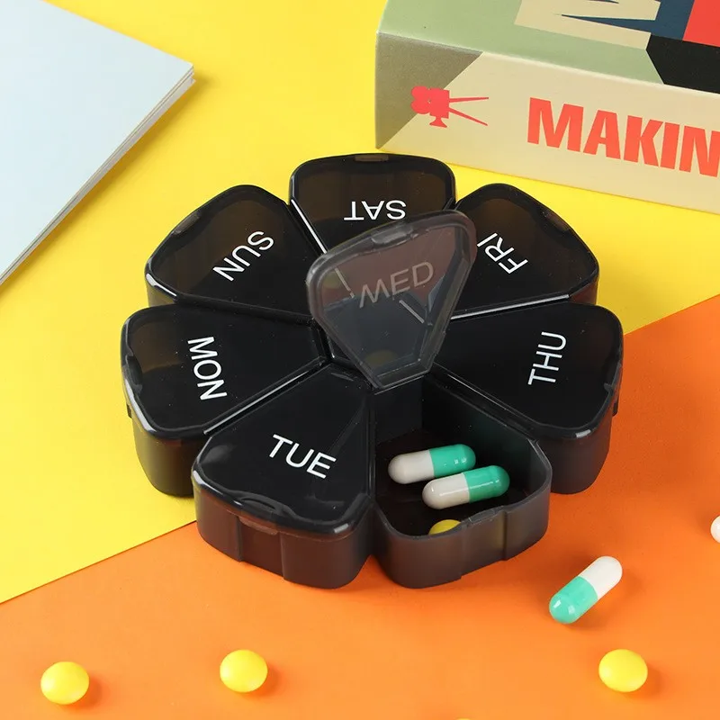 Circular Portable Seven Grid Medicine Box Transparent Colored Black and White Petal Tablets Storage and Packaging Medicine Box medicine storage box