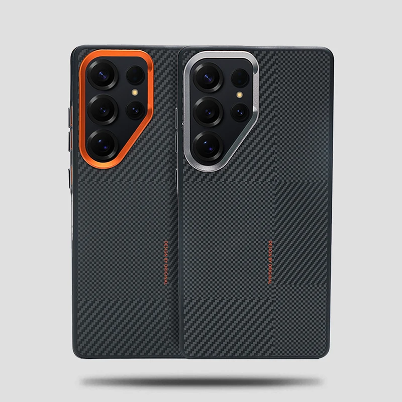 Magnetic Alloy Lens Phone Case with Carbon Fibre Texture and Wireless Charging Compatibility