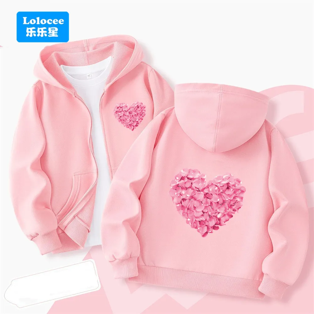 الفتيات الأزهار القلب طباعة سترة الكرتون موضة عادية كم طويل بلايز ملابس خارجية طفل الخريف ارتداء لطيف سستة هوديس AXMG1