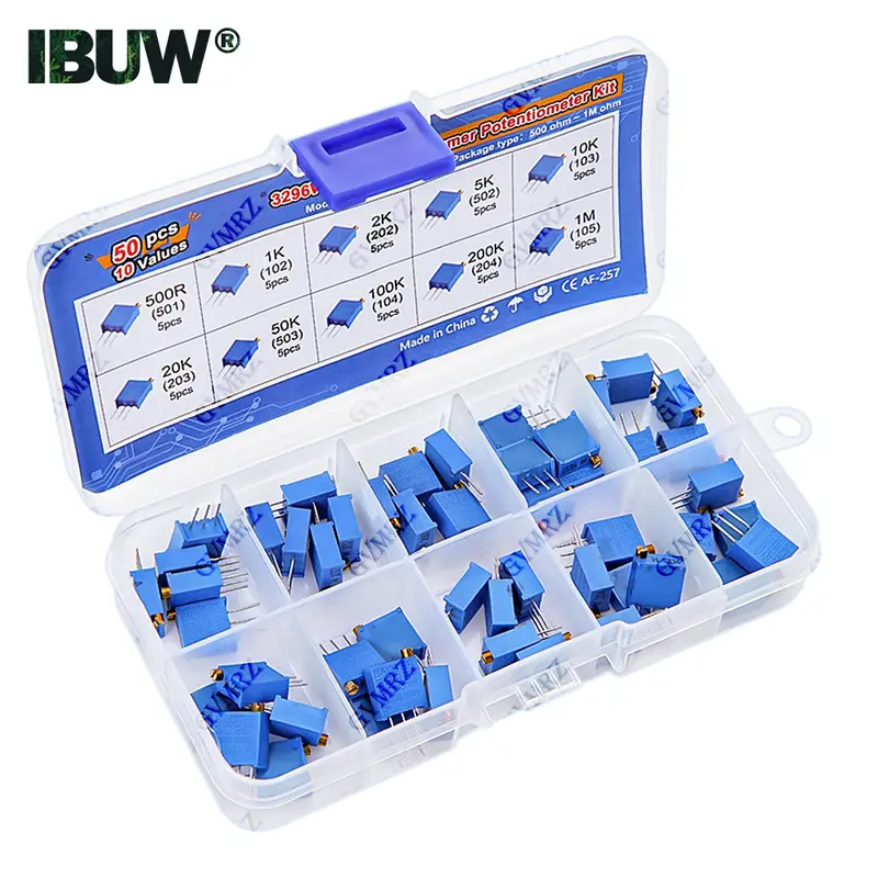 50PCS 10Values 3296W Multiturn Trimmer Potentiometer Kit (500Ω-1MΩ) in Box for Precision Circuit Tuning & Electronics DIY - Image 2