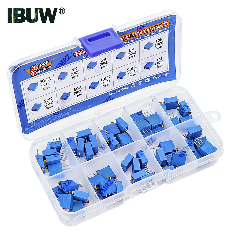 50PCS 10Values 3296W Multiturn Trimmer Potentiometer Kit (500Ω-1MΩ) in Box for Precision Circuit Tuning & Electronics DIY image 2