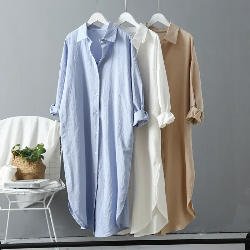 2026 spring Casual Women's Blouses Korean Clothing Autumn Vintage Linen Cotton Mid-Length White Shirt Dress For Female Chic Tops 1