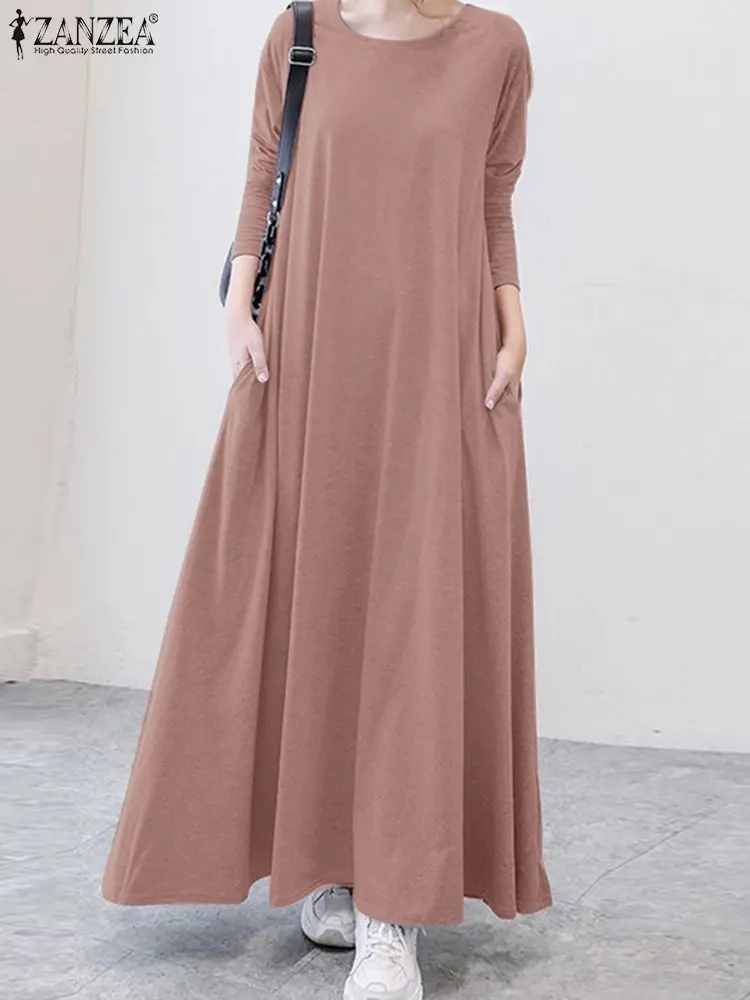 

ZANZEA Autumn Fashion Solid Maxi Sundress Elegant Knitting Dress Woman Long Sleeve O-Neck Robe Lady Vintage Loose Vestidos 2023