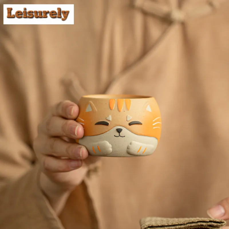 150ML Cartoon Hand-painted Wooden Fish Cat Teacup Luxury Tea Bowl Cup for Tea Fragrance Cup Jianzhan Master Cups Drinkware Craft