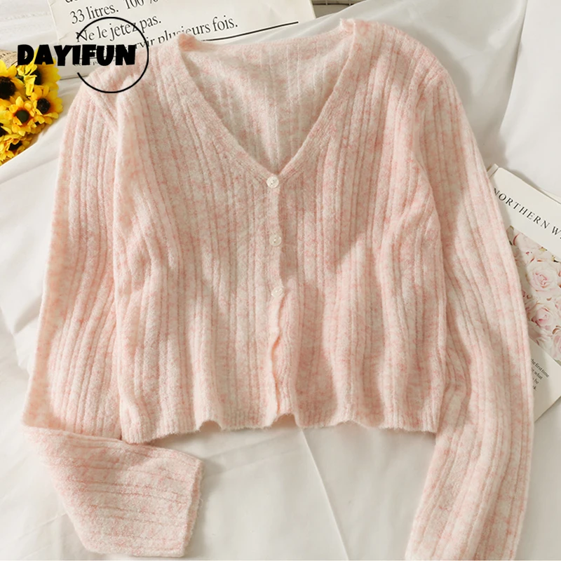 

DAYIFUN Summer Short Sweaters Vertical Stripes V-neck Women Knitwear Long Sleeve Single Breasted Office Lady Exquisite Cardigan