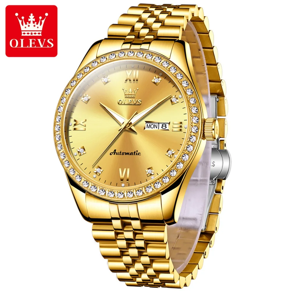 OLEVS 7012 Man Automatic Watch Dual Calendar Diamond Scale Mechanical Watch For Men Luxury Waterproof Luminous Dress Wristwatch