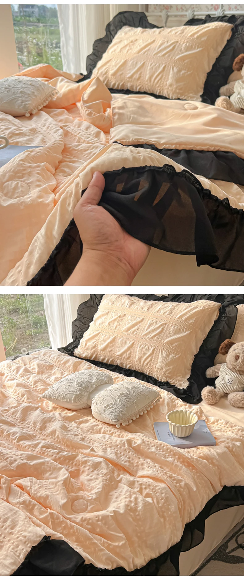 91 Home Textiles Network, the first-hand source of home textiles, looking for Home Textiles (Total) Ziqin 2025 new seersucker Korean version chiffon lace single summer quilt four-piece set