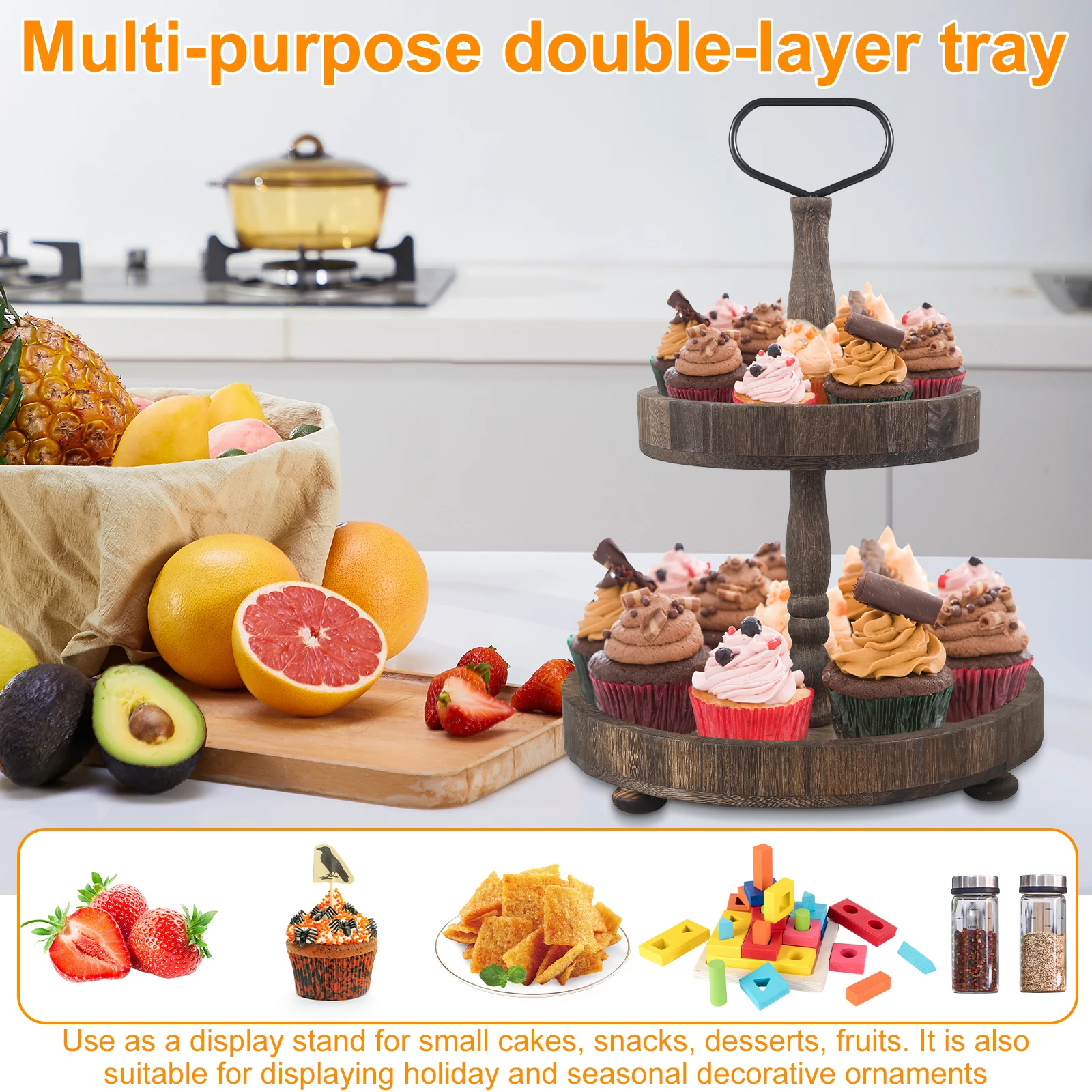 Fall Tiered Tray 2-Tier Wood Tiered Tray Decor Farmhouse Tiered Tray with Metal Handle Detachable Tiered Serving Tiered Tray