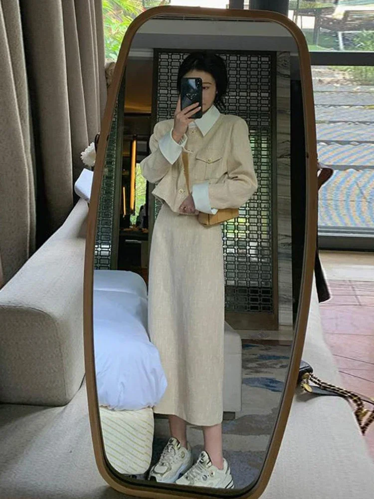 

Женский винтажный короткий пиджак UNXX, элегантный короткий Блейзер и облегающая юбка цвета хаки в французском стиле, костюм с юбкой Y2k на осень