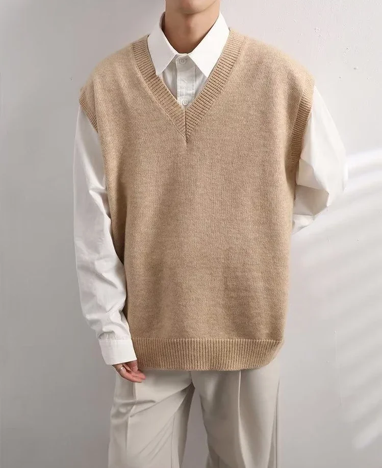Description Picture 3 of itemKnitted Sweaters for Men V Neck Man Clothes Solid Color Waistcoat Plain Sleeveless Vest Korean 2023 Autumn Knitwears Overfit S A