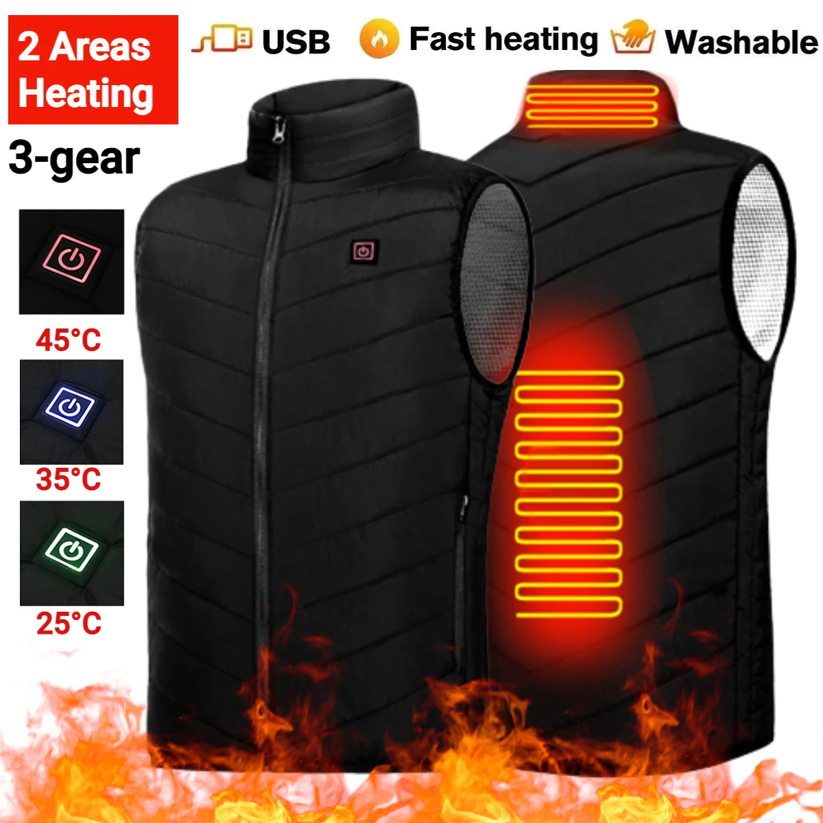 ElectricHeatedJackets2AreasHeatingBodyWarmerClothesUSBHeatedVestWashableWinter