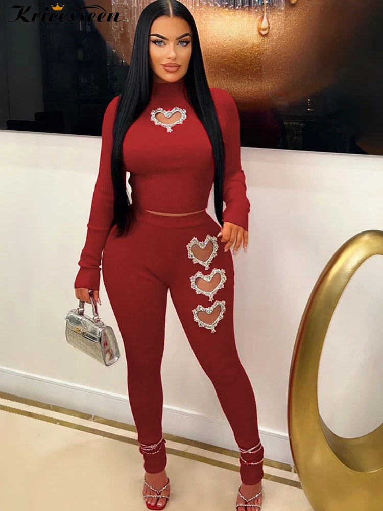 Kricesseen Women Ribbed Tracksuit Set Fashion Crystal Red Rhinestone  Hearts Knit Set 2 Piece Outfits Tracksuit Female Suits