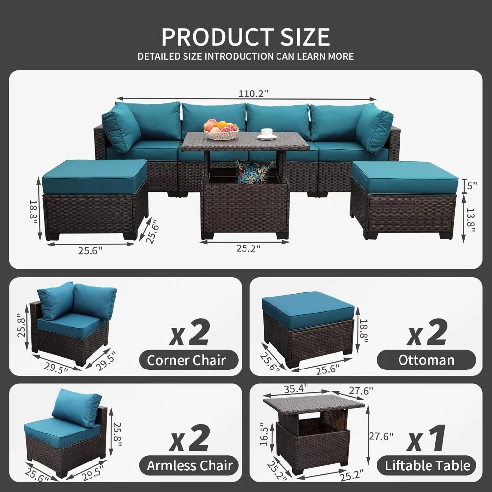 Outdoor Patio Dark Brown Rattan 7 Piece Sectional Set PE Wicker Conversation Sofa with Liftable Storage Table, Non-Slip 5" Thick 2