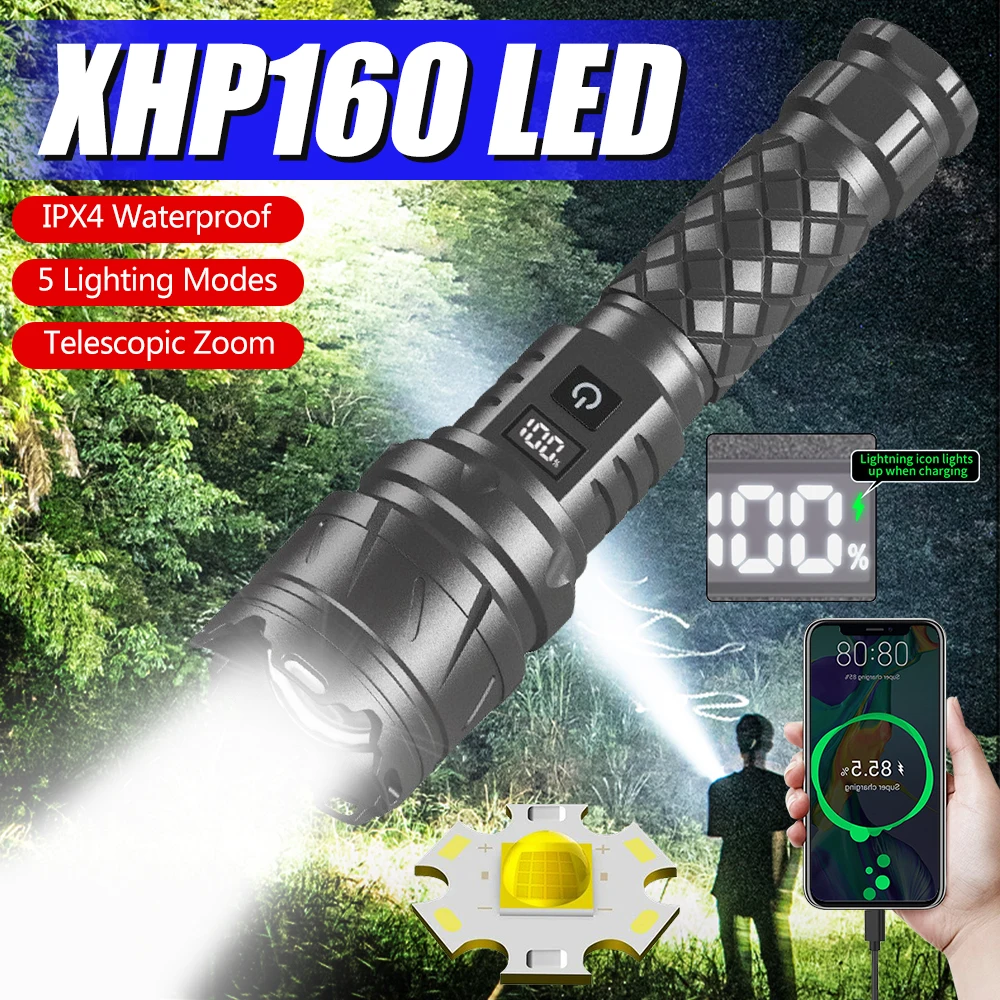 

XHP160 Led Flashlight Type-C Powerful Rechargeable with 5 Modes Digital Power Display Self Defense Torch Zoomable Lamp