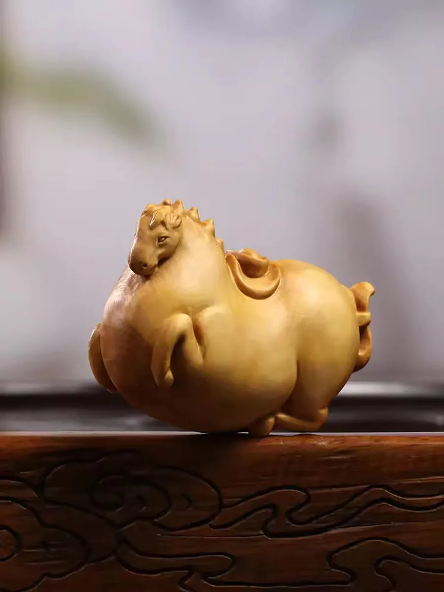 Tang Dynasty Horse Small Figurine, Boxwood Carved Handicrafts, Chinese Style Wood Carving Crafts, Mini Ornaments Statue Sculptur