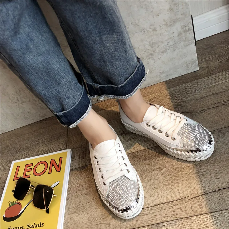 Lucyever Women Crystal Flat Shoes Autumn Fashion Bing Lace Up Ladies Casual Shoes Comfortable Round Toe Platform Sneakers