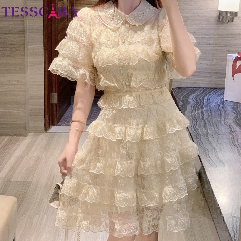 TESSCARA Women Luxury Embroidery Dress High Quality Mesh Cocktail