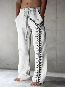 Men's Summer Casual Beach Pants Drawstring Elastic Waist Long Pants Zipper Print Skull Pattern Print Everyday Holiday Streetwear
