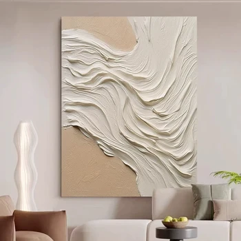 Grande Quadro Astratto Dipinto a Spatola, Pittura a Olio 3D Bianca in Acrilico Spesso, Lussuoso Disegno a Mano su Tela Testurizzata di Grandi Dimensioni
