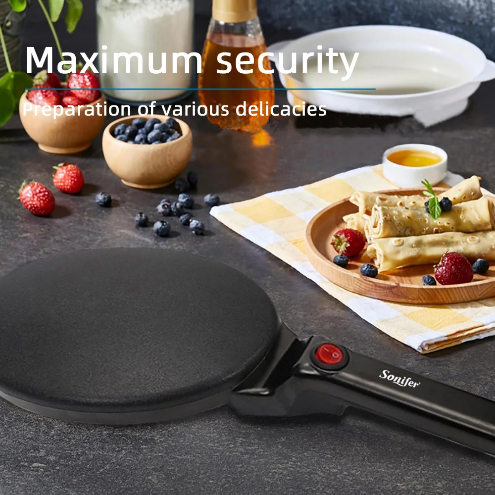 Sonifer Electric Crepe Maker Non-stick cooking plate 600W Breakfast maker Dessert maker With hook hole for easy storage Black, r 4