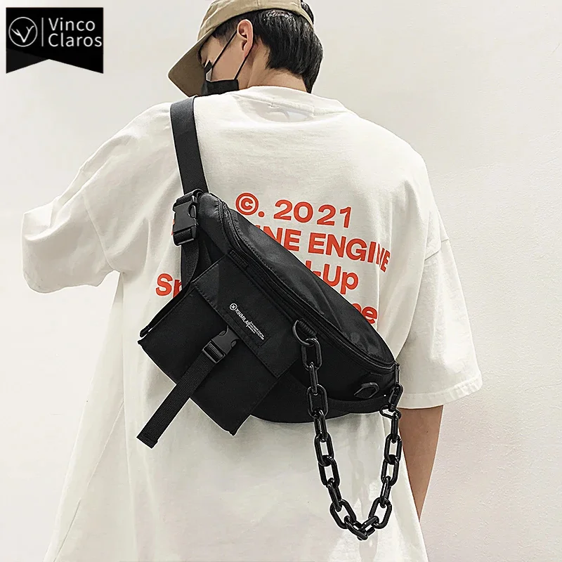 

Cool Black Chains Chest Bags for Men Trend Streetwear Men's Waist Bag Unisex Large Capacity Purse Belt Bag Nylon Fanny Pack 2024