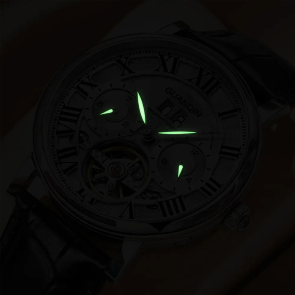 GUANQIN Reloj de pulsera mecánico de cuero luminoso para hombre, cristal de zafiro, resistente al agua, automático, reloj militar de tourbillon_voghion.com