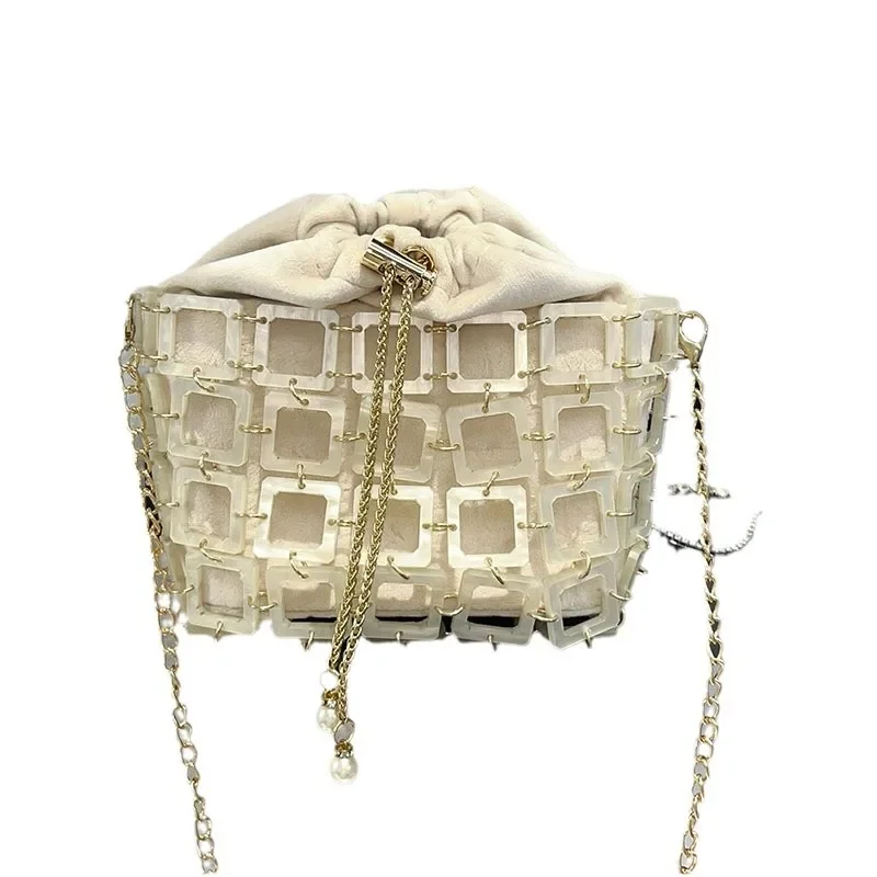 New Drawstring bead Ball Bag Beaded Handheld Dinner Bag High Quality Women's Hollow Out Bag Fashion Versatile Handheld