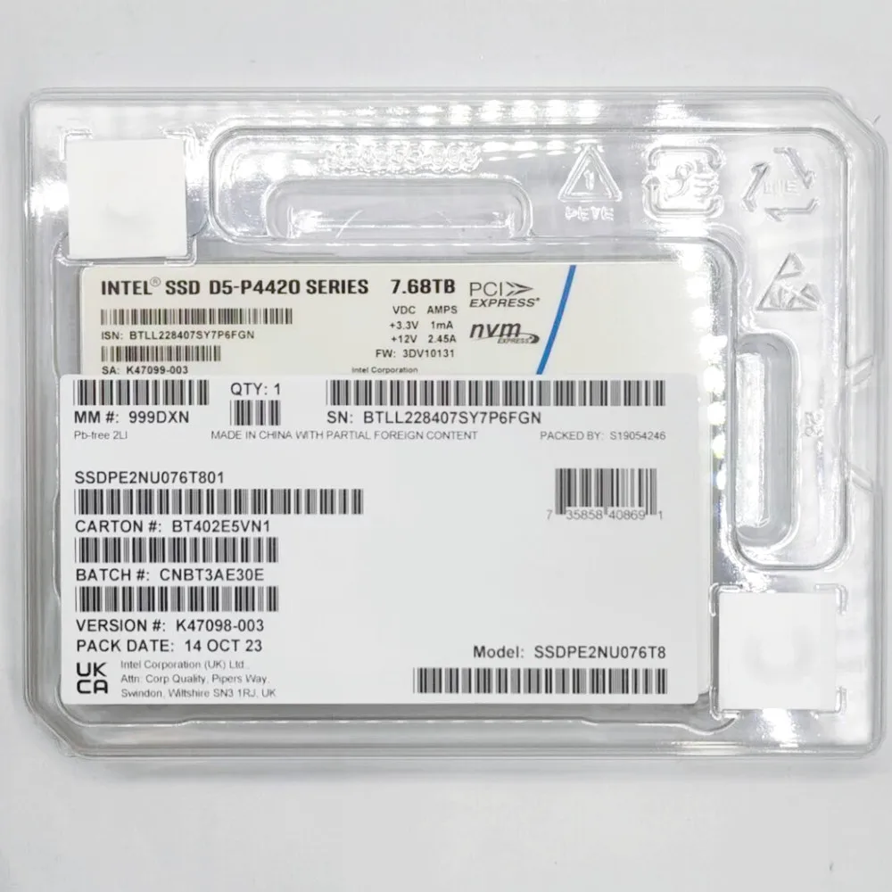 ڿ ָ Ʈ ̺  SSD, D5-P4420 ø, 7.68TB, DC NVME U.2, 2.5 ġ, SSDPENU076T8