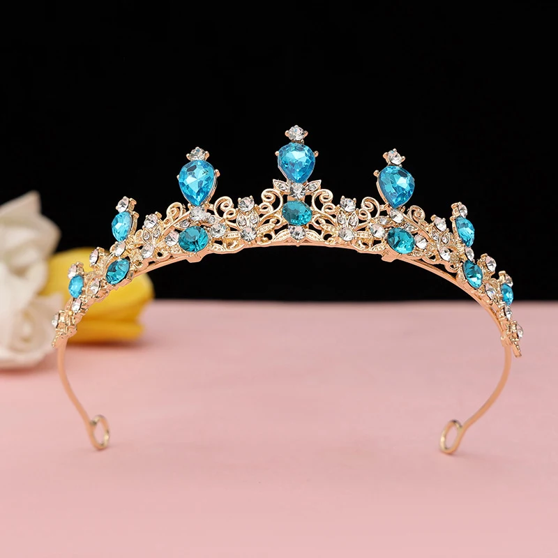 Corona Regina,Coroncina Principessa,Diadema Donna Tiara Sposa,Corona in Strass di Cristallo Oro e Blu per Matrimonio, Compleanno, Feste - Principessa