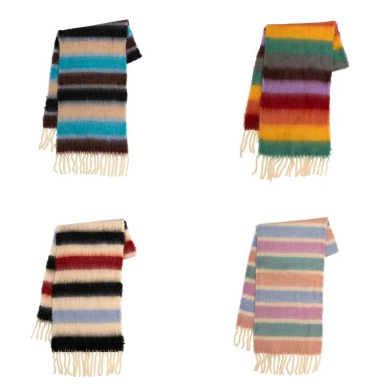 

Fashion Fringed Rainbow Color Stripe Scarf Women Imitation Cashmere Neck Wrap Shawl Pashmina Female Winter Outdoor Long Scarf