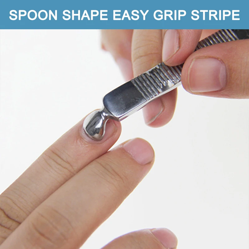 1 PC Stainless Steel Cuticle Remover Pusher with Spoon Shape Easy Grip Stripe Handle Professional Manicure Pedicure Nail Tools
